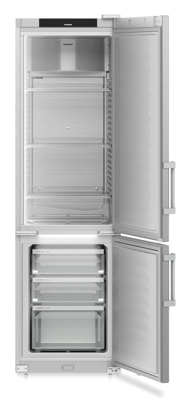 Product image, Perspective: straight open empty, Combined refrigerator-freezer, Casing colour: stainless steel, Door colour: stainless steel