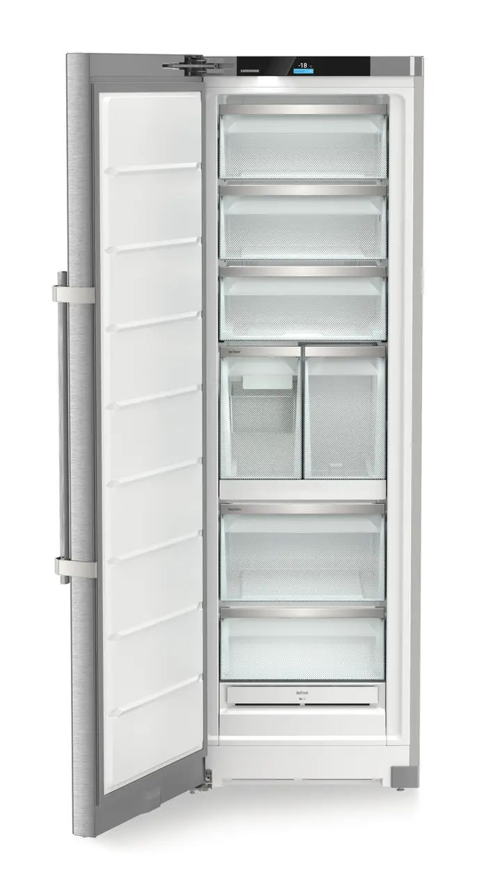 Product image, Perspective: straight open empty, Freestanding freezer with NoFrost and IceTower, Casing colour: silver, Door colour: stainless steel