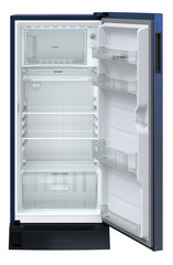Product image, Perspective: straight open empty, Single-door refrigerator 222 l in 5 star with foot pedal base drawer, Casing colour: blue, Door colour: Blue Rosette