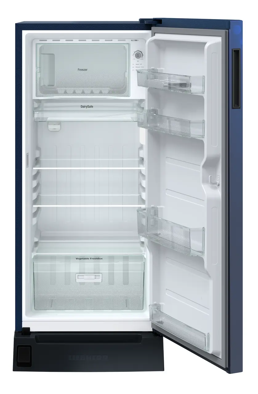 Product image, Perspective: straight open empty, Single-door refrigerator 222 l in 5 star with foot pedal base drawer, Casing colour: blue, Door colour: Blue Rosette