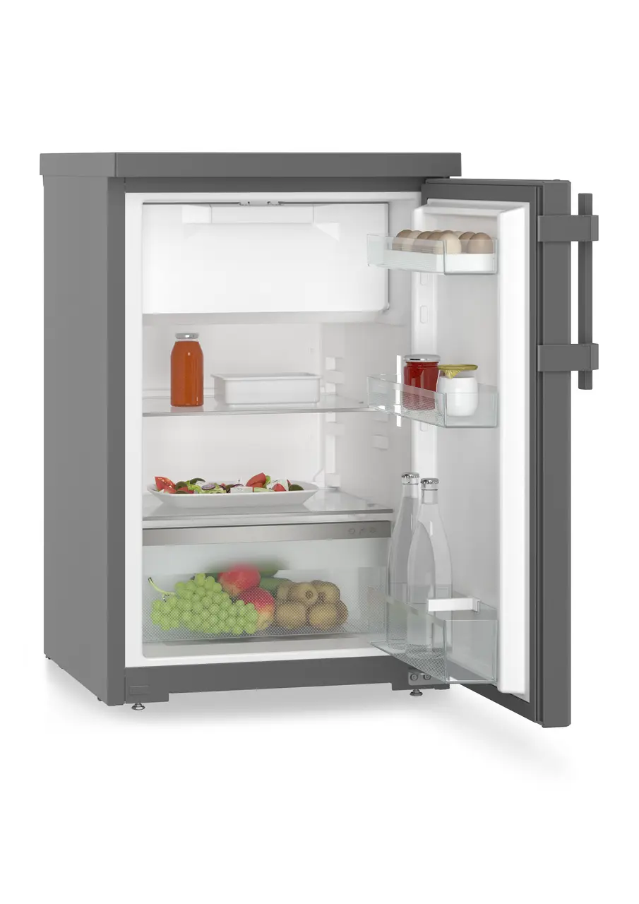 Product image, Perspective: oblique open decorated, Table top refrigerator, Casing colour: DarkGrey, Door colour: DarkGrey