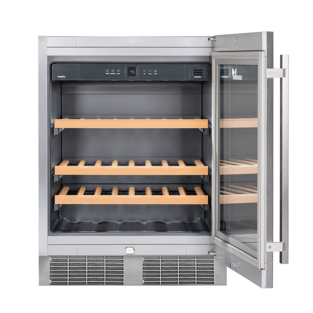 Product image, Perspective: straight open empty, Under-worktop wine storage cabinet, Casing colour: silver, Door colour: stainless steel