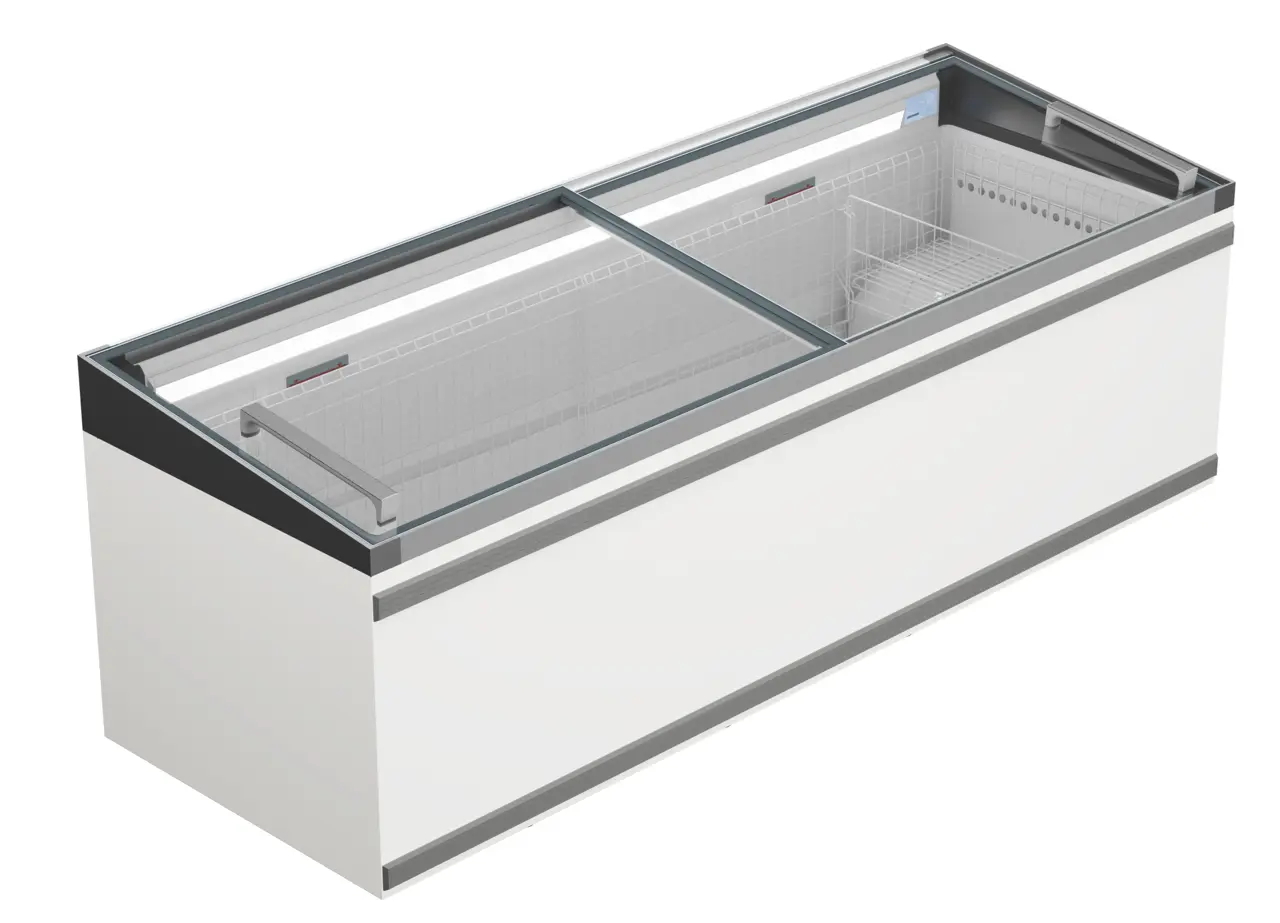 Изображение на продукта, Перспектива: Странично, затворен, Хладилна и фризерна ракла за супермаркет, Цвят на корпуса: бял