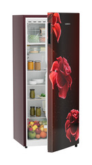 Product image, Perspective: oblique half-open decorated, Single-door refrigerator 222 l in 3 star with VegFresh box, Casing colour: red, Door colour: Red Divine