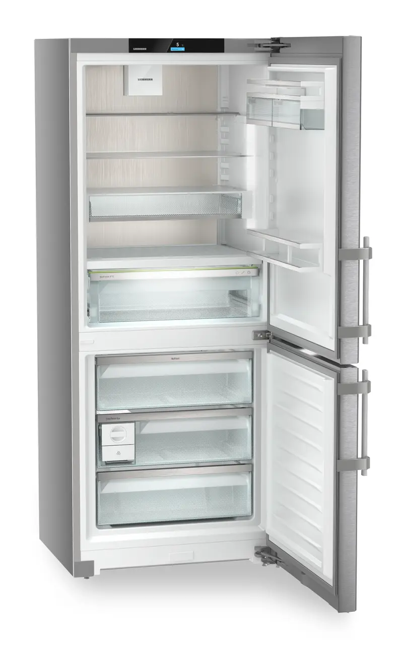 Product image, Perspective: oblique open empty, Fridge-freezer with BioFresh and NoFrost, Casing colour: silver, Door colour: stainless steel