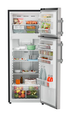 Product image, Perspective: straight open decorated, Fridge-freezer with NoFrost, Casing colour: grey, Door colour: Stainless Steel