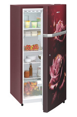Product image, Perspective: oblique half-open decorated, Single-door refrigerator 191 l in 3 star and horizontal handle, Casing colour: red, Door colour: Red Rosette