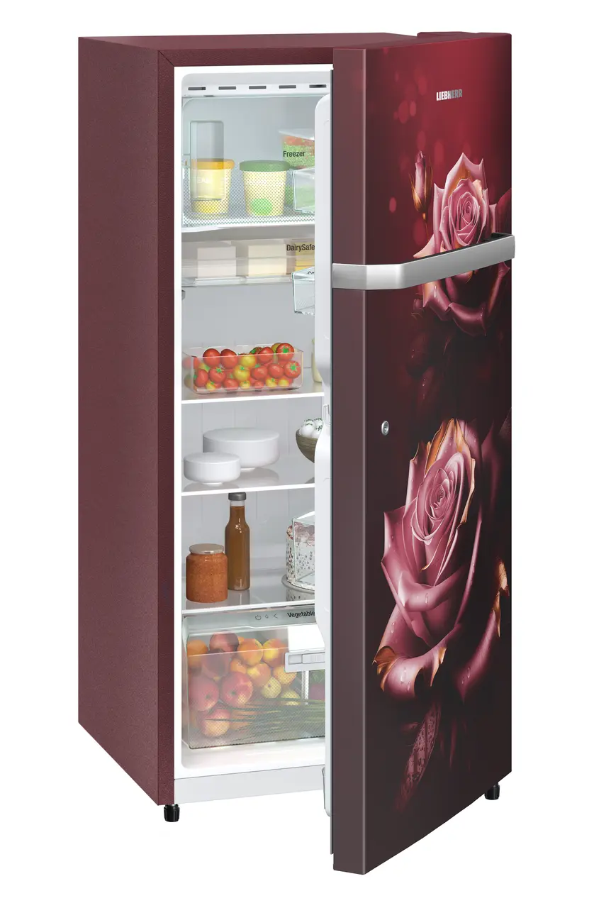 Product image, Perspective: oblique half-open decorated, Single-door refrigerator 191 l in 3 star and horizontal handle, Casing colour: red, Door colour: Red Rosette