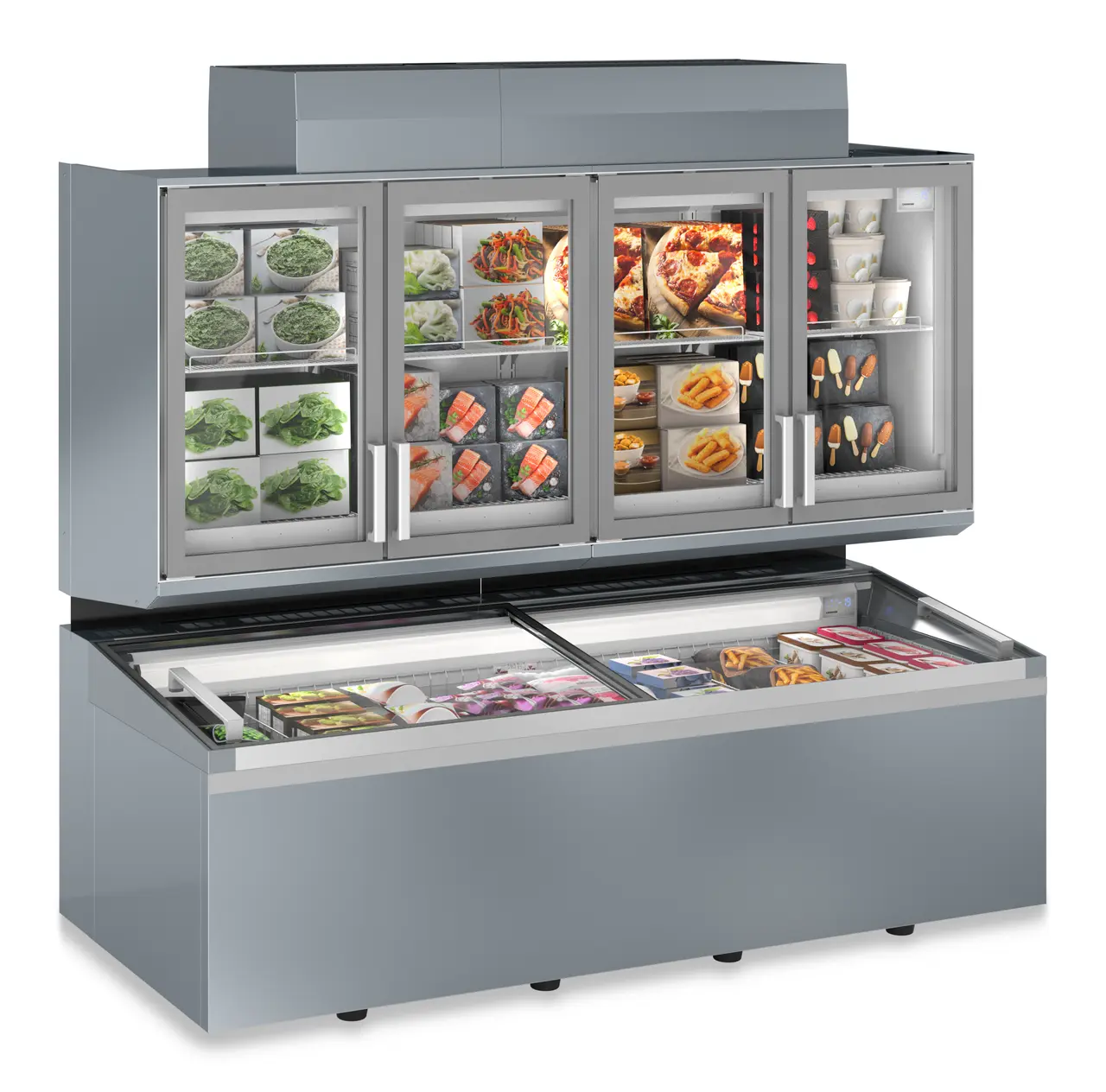 Produkt-Bild, Perspektive: schräg geschlossen dekoriert, Supermarkt-Freezer-Top, Gehäusefarbe: Grau