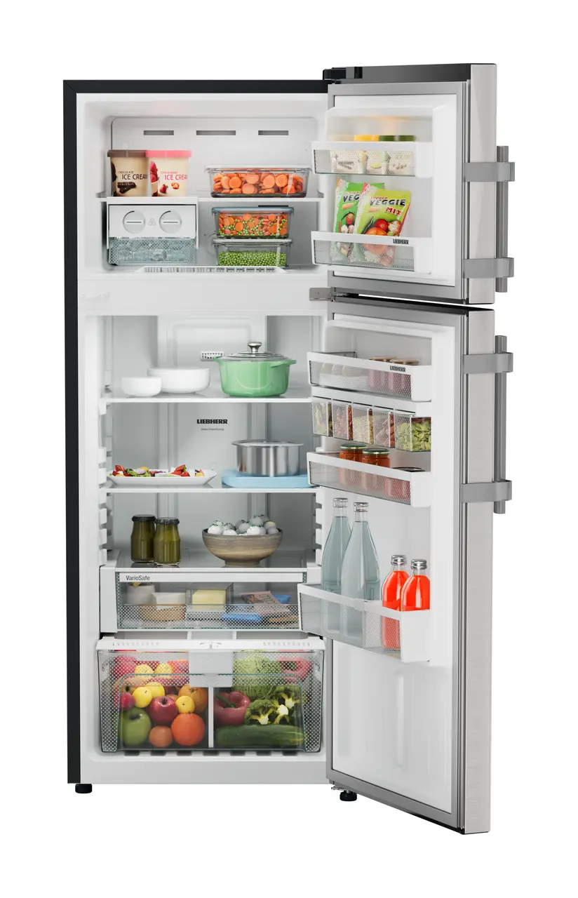 Product image, Perspective: straight open decorated, Fridge-freezer with NoFrost, Casing colour: grey, Door colour: Stainless Steel