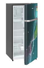 Product image, Perspective: oblique half-open empty, Single-door refrigerator 191 l in 5 star with inverter compressor, Casing colour: grey, Door colour: Teal Strings