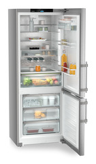 Product image, Perspective: oblique open decorated, Combined fridge-freezers with EasyFresh and NoFrost, Casing colour: silver, Door colour: stainless steel