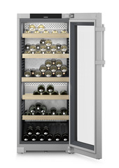 Изображение на продукта, Перспектива: Отпред, отворен, отворен с продукти, Мултитемпературен охладител за вино, Цвят на корпуса: фино сребро, Цвят на вратата: благородна стомана