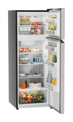 Product image, Perspective: oblique open decorated, Fridge-freezer with NoFrost, Casing colour: grey, Door colour: Stainless Steel