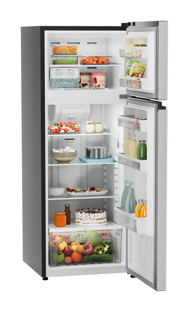 Product image, Perspective: oblique open decorated, Fridge-freezer with NoFrost, Casing colour: grey, Door colour: Stainless Steel