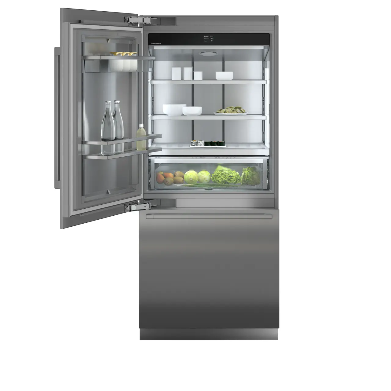 Product image, Perspective: straight open decorated, Combined refrigerator-freezer with BioFresh and NoFrost for integrated use, Casing colour: grey