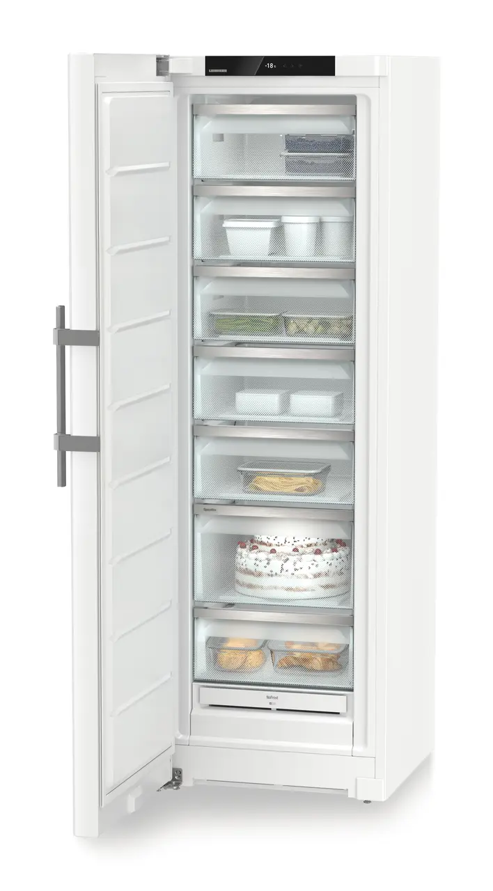 Изображение продукции, Перспектива: Под углом, с открытой дверцей, с продуктами, Морозильная камера с системой NoFrost, Цвет корпуса: белый, Цвет дверцы: белый