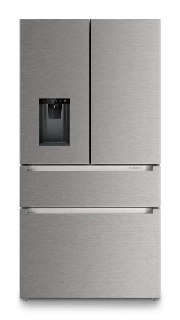 Image de produit, Perspective: Droit fermé, Réfrigérateur-congélateur FrenchDoor avec 2 tiroirs de congélation et distributeur d'eau et glaçons, Couleur de porte: acier inox