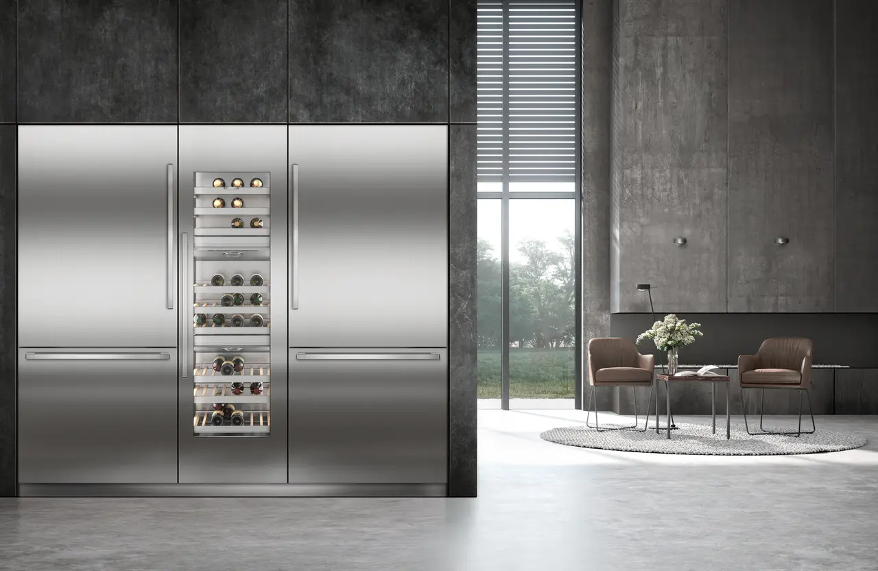 Product image, Perspective: milieu, Built-in multi-temperature wine cabinet, Casing colour: grey, Door colour: stainless steel