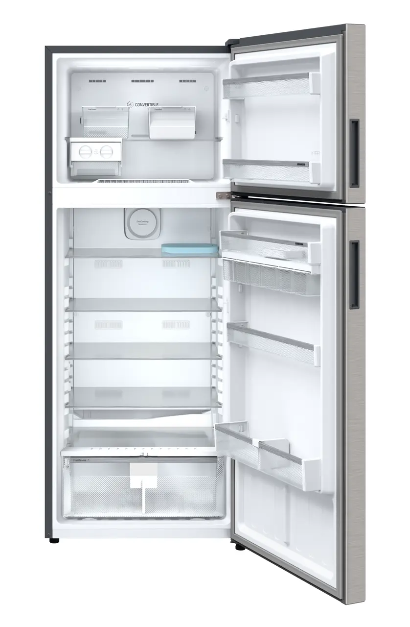 Product image, Perspective: straight open empty, Fridge-freezer with NoFrost, Casing colour: grey, Door colour: Stainless Steel