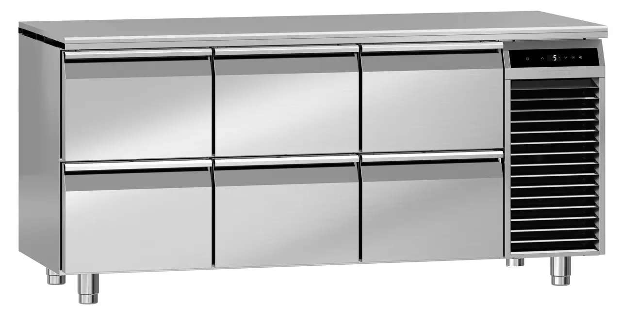 Image de produit, Perspective: Oblique fermé, Table réfrigérée avec réfrigération dynamique, Couleur de l’habillage: acier inox, Couleur de porte: acier inox