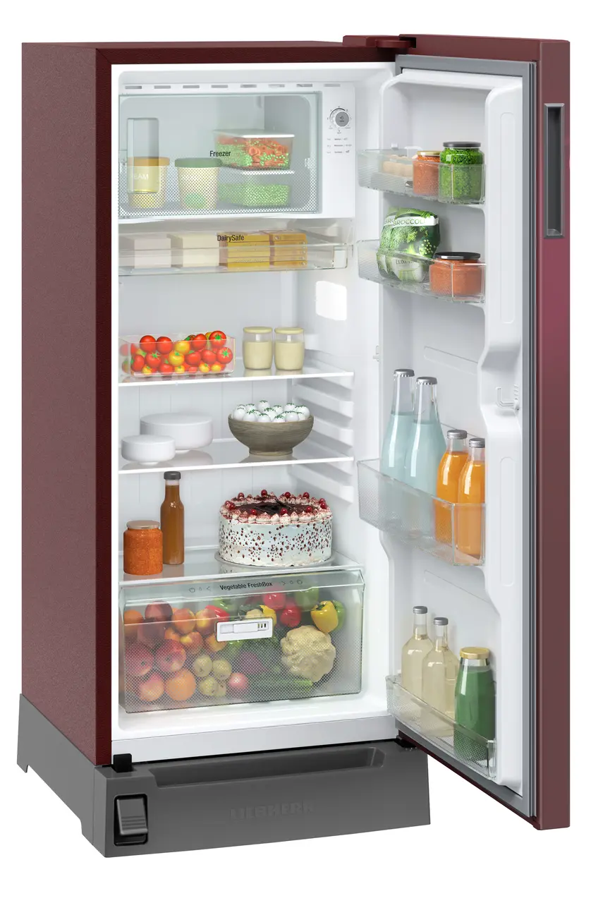 Product image, Perspective: oblique open decorated, Single-door fridge, 191 l in 2 star with foot pedal base drawer, Casing colour: red, Door colour: Red Wonder