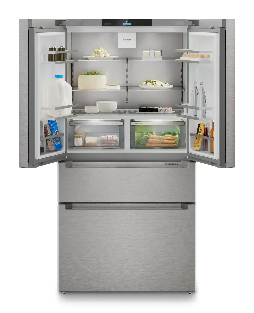 Product image, Perspective: straight open decorated, French Door fridge-freezer with 2 freezer drawers and IceMaker and InfinitySpring, Casing colour: silver, Door colour: stainless steel