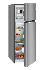 Product image, Perspective: oblique half-open decorated, Fridge-freezer with NoFrost, Casing colour: grey, Door colour: Silver Steel