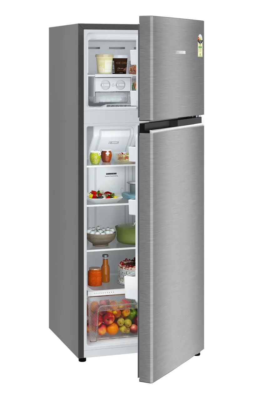 Product image, Perspective: oblique half-open decorated, Fridge-freezer with NoFrost, Casing colour: grey, Door colour: Silver Steel