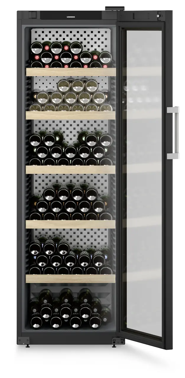 Product image, Perspective: straight open decorated, Wine storage cabinet, Casing colour: black, Door colour: black