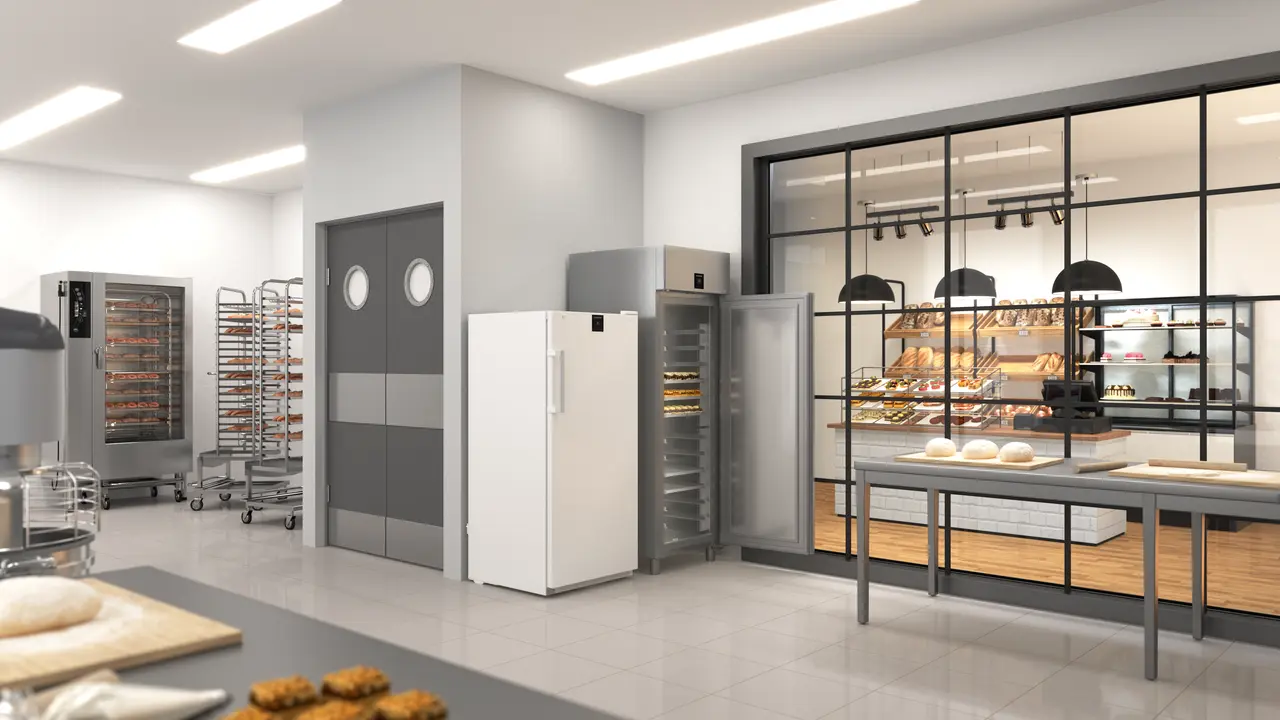 Изображение на продукта, Перспектива: Околна среда, Хладилник по стандарта за хлебопекарни с динамично охлаждане, Цвят на корпуса: благородна стомана, Цвят на вратата: благородна стомана