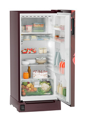 Product image, Perspective: oblique open decorated, Single-door refrigerator 191 l in 3 star with foot pedal base drawer, Casing colour: red, Door colour: Red Divine