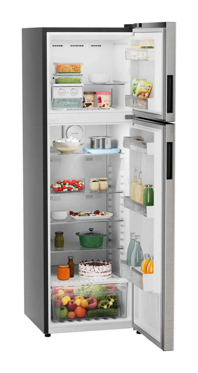 Product image, Perspective: oblique open decorated, Fridge-freezer with NoFrost, Casing colour: grey, Door colour: Grey Steel