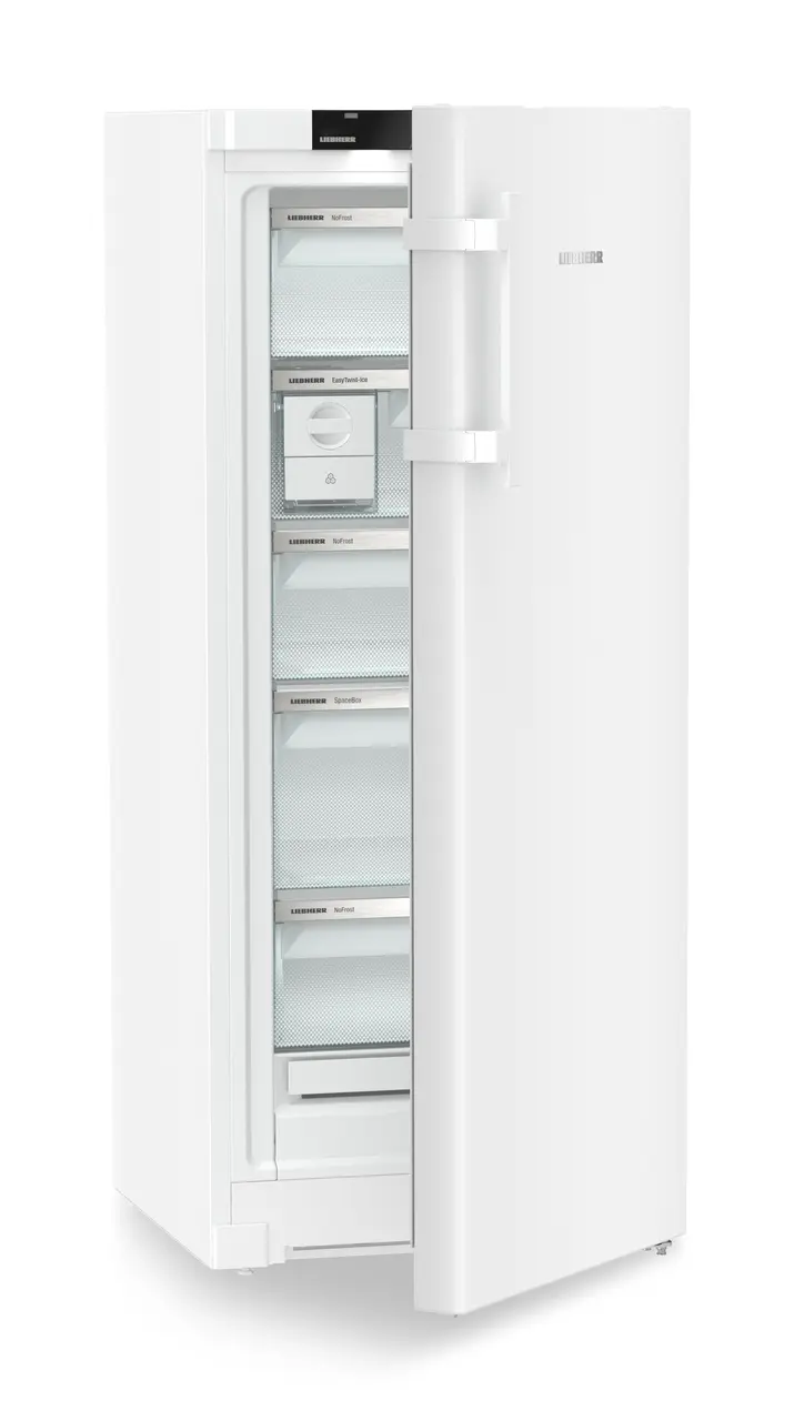 Produktbillede, Perspektiv: Skrå halvåben tom, Fritstående fryser med NoFrost, Kabinetfarve: Hvid, Dørfarve: Hvid