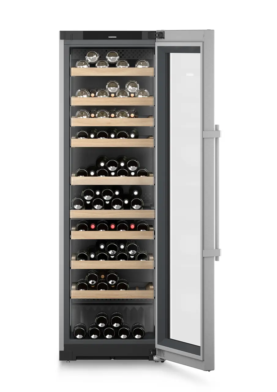Product image, Perspective: straight open decorated, Multi-temperature wine cabinet, Casing colour: silver, Door colour: stainless steel