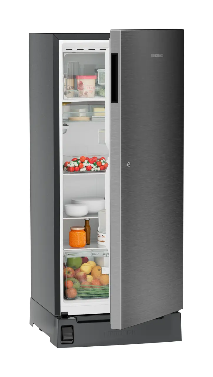 Product image, Perspective: oblique half-open decorated, Single-door refrigerator 202 l in 3 star with foot pedal base drawer, Casing colour: grey, Door colour: Silver Steel