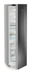 Product image, Perspective: oblique half-open empty, Combined fridge-freezers with EasyFresh and NoFrost, Casing colour: silver, Door colour: GlassBlack