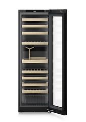 Product image, Perspective: straight open empty, Multi-temperature wine cabinet, Casing colour: BlackSteel, Door colour: GlassBlack