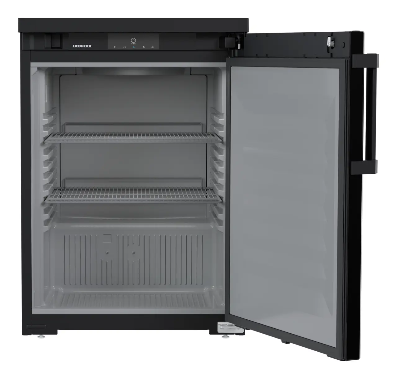 Obraz produktu, Perspektywa: Na wprost, otwarte, puste, Chłodziarka do zabudowy pod blat z chłodzeniem powietrzem obiegowym, Kolor obudowy: Czarna, Kolor drzwi: Czarna