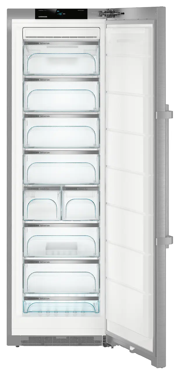 Product image, Perspective: straight open empty, Freestanding freezer with NoFrost, Casing colour: stainless steel, Door colour: stainless steel