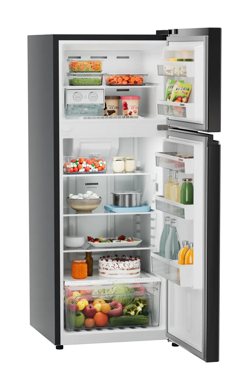Product image, Perspective: oblique open decorated, Fridge-freezer with NoFrost, Casing colour: grey, Door colour: Black Gloss