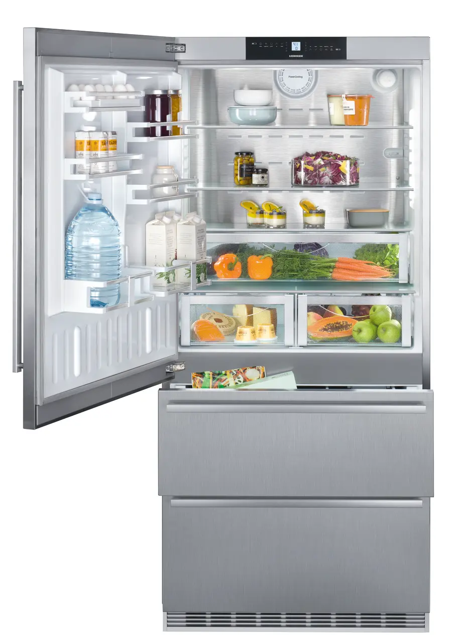 Product image, Perspective: straight open decorated, Fridge-freezer with NoFrost, Casing colour: stainless steel, Door colour: stainless steel