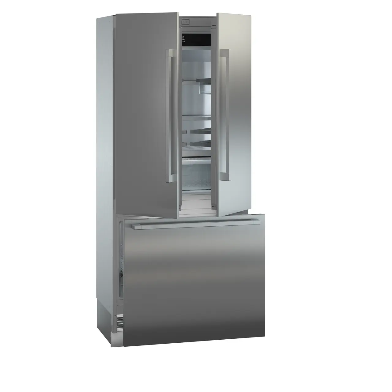 Product image, Perspective: oblique half-open empty, Combined refrigerator-freezer with BioFresh and NoFrost for integrated use, Casing colour: grey
