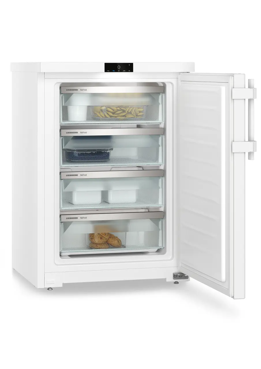 Produkt-Bild, Perspektive: schräg offen dekoriert, Tischgefrierschrank mit NoFrost, Gehäusefarbe: Weiß, Türfarbe: Weiß