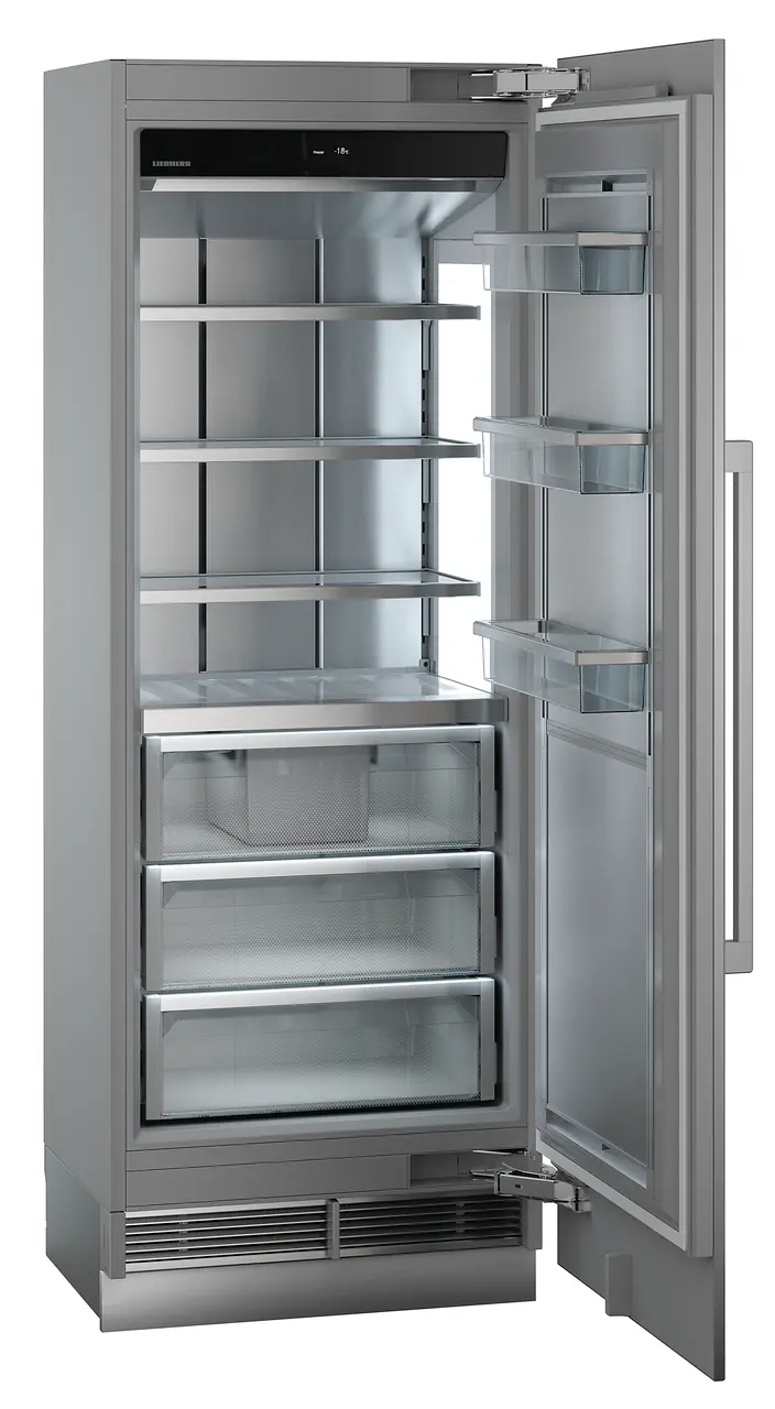 Produkt-Bild, Perspektive: schräg offen leer, Integrierbarer Gefrierschrank mit NoFrost, Gehäusefarbe: Grau