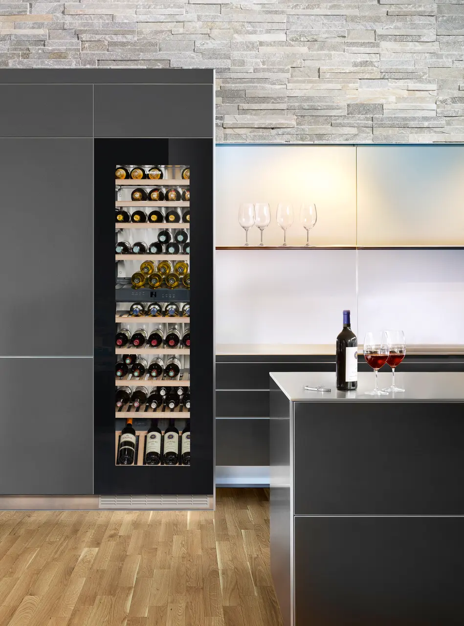 Product image, Perspective: milieu, Built-in multi-temperature wine cabinet, Casing colour: silver, Door colour: GlassBlack