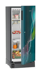 Product image, Perspective: oblique half-open decorated, Single-door refrigerator 202 l in 5 star with inverter compressor, Casing colour: grey, Door colour: Teal Strings