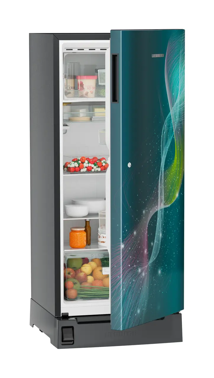 Product image, Perspective: oblique half-open decorated, Single-door refrigerator 202 l in 5 star with inverter compressor, Casing colour: grey, Door colour: Teal Strings