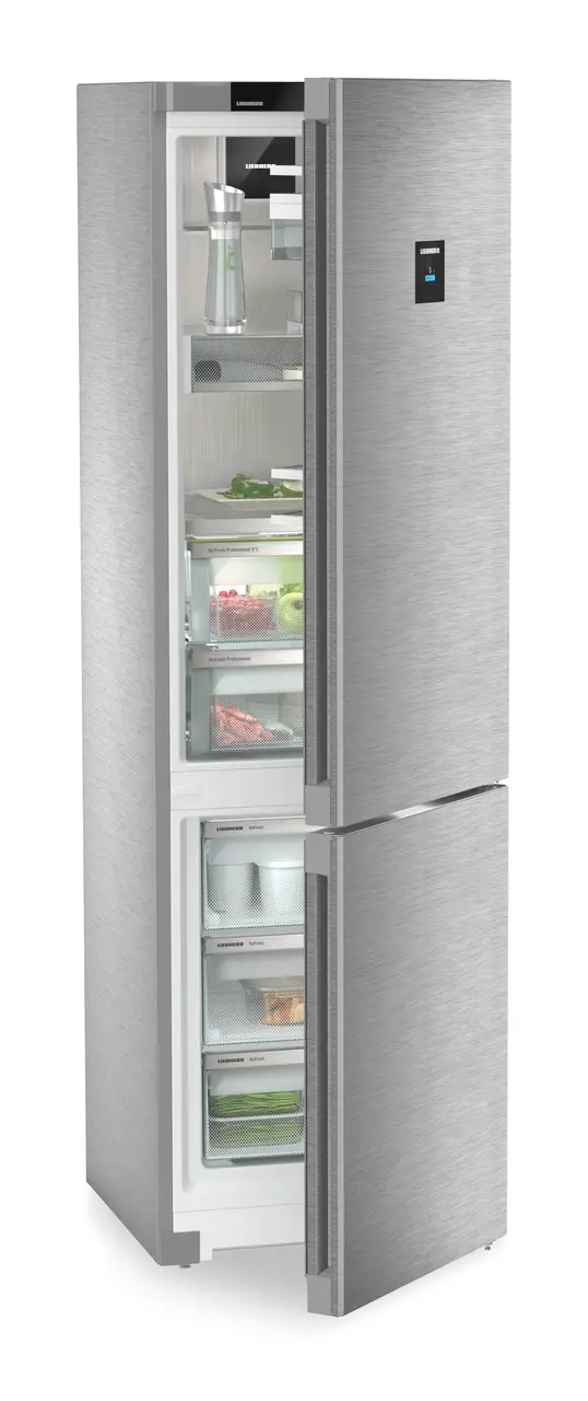 Product image, Perspective: oblique half-open decorated, Fridge-freezer with BioFresh Professional and NoFrost, Casing colour: stainless steel, Door colour: stainless steel