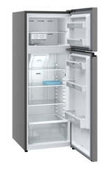 Product image, Perspective: oblique open empty, Fridge-freezer with NoFrost, Casing colour: grey, Door colour: Silver Steel